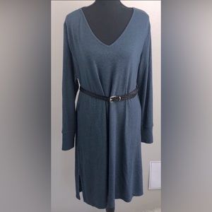 🪺Soft Surroundings Gray/Blue Pullover Knit V-neck Long Sleeve Pockets Midi. L